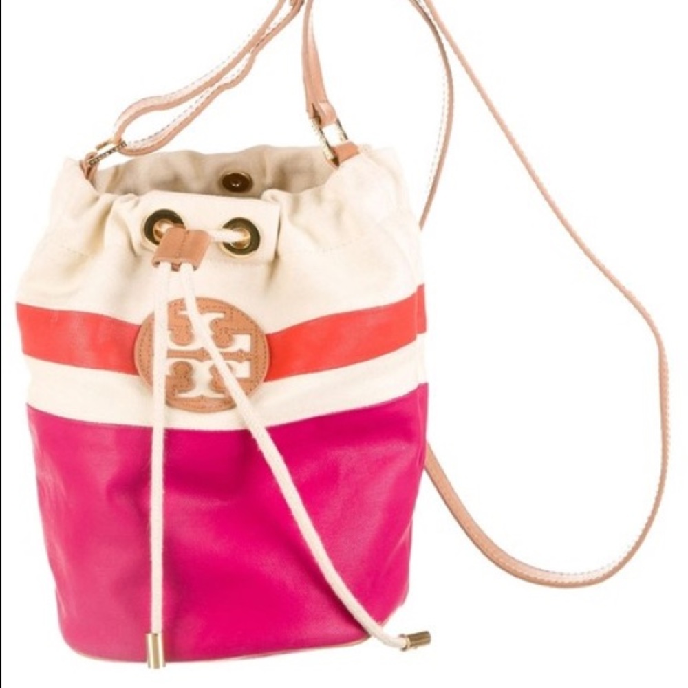 Tory Burch Ivory Pink Orange Bucket Crossbody